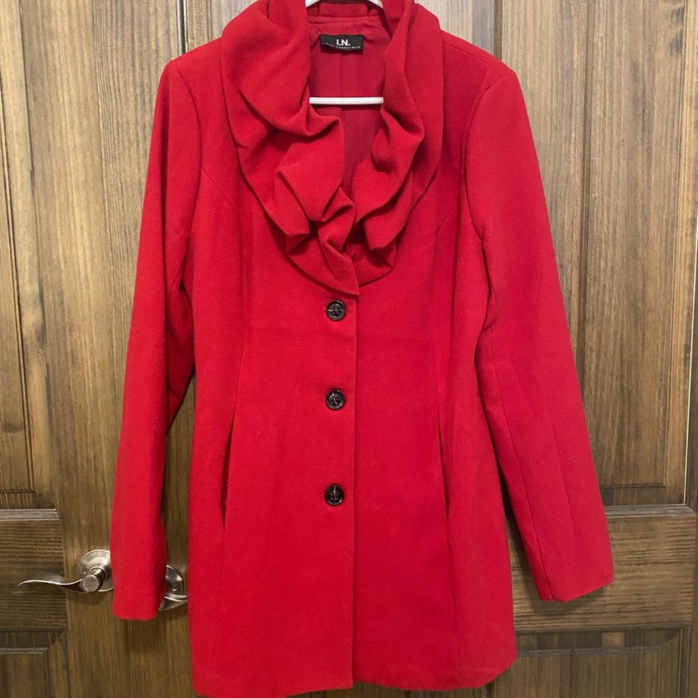 Red ruffle neck dress coat I.N. San Francisco XL Juniors